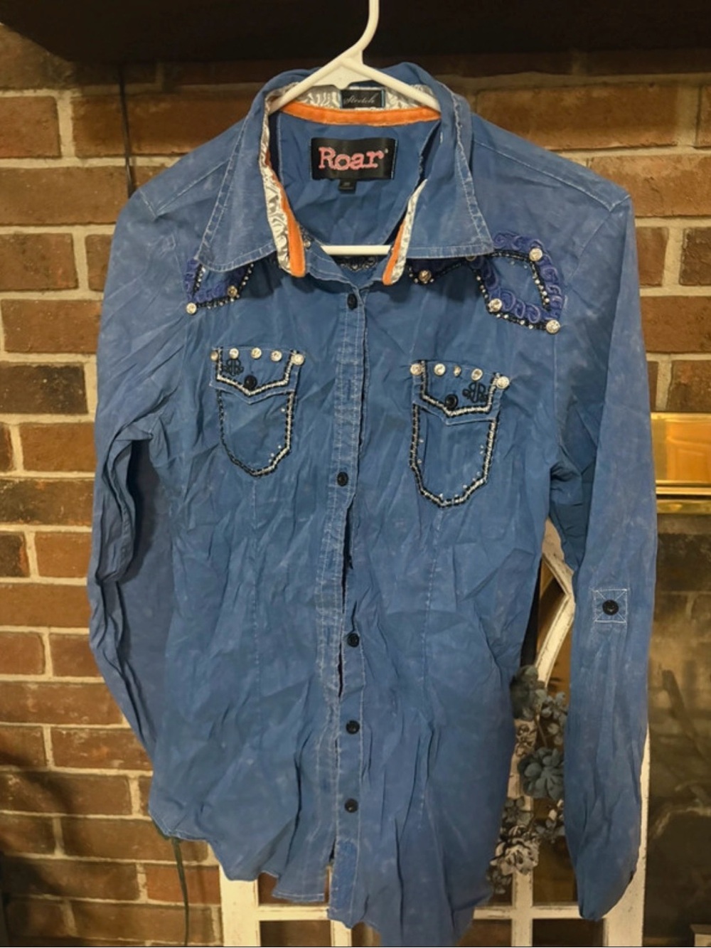 Roar Blue Embellished Western Button-Up Shirt size M
